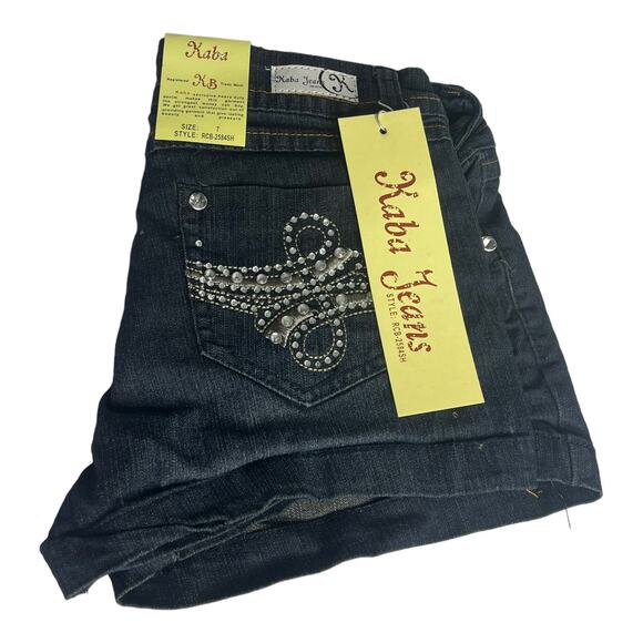 NEW Kaba JEAN SHORTS SZ 7 Dark Blue Denim Stone Stud Bedazzled Double Lasso NWT - Picture 9 of 12